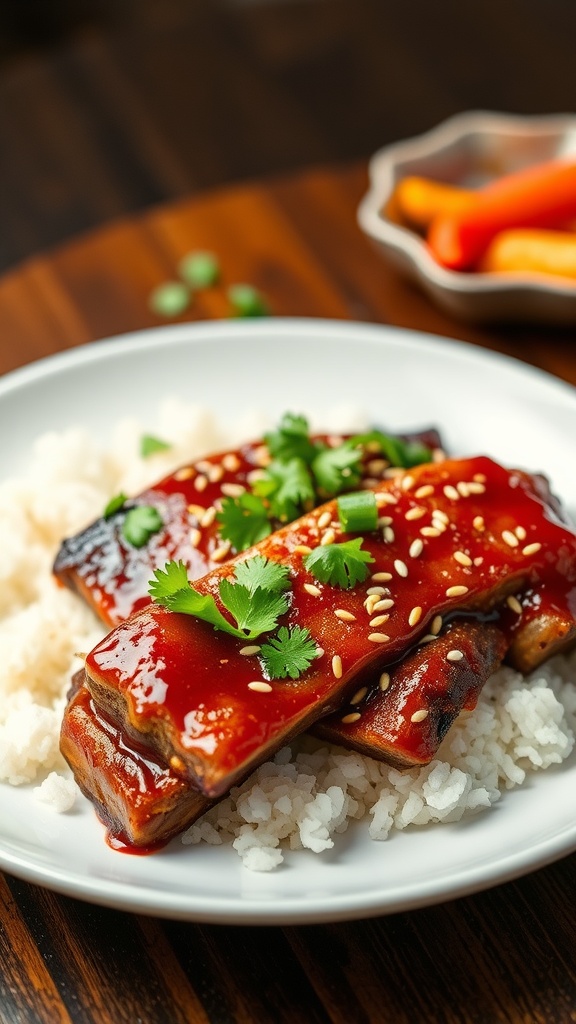 Spicy Korean BBQ Beef Short Ribs Recipe Grilled spicy Korean beef short ribs garnished with sesame seeds and cilantro on a plate with white rice and pickled vegetables.